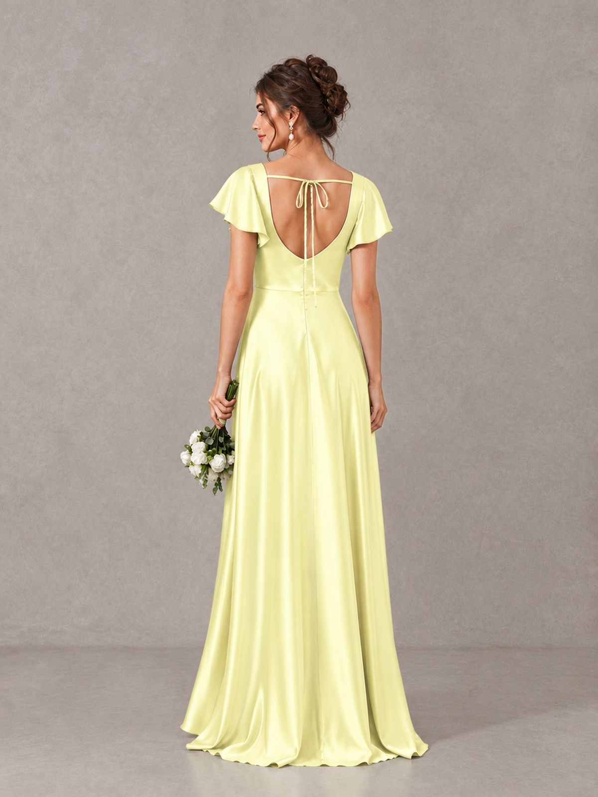BOLODOO Light Yellow Satin Square Neck Flutter Sleeve A-Line Bridesmaid Dress with Slit - Light Yellow - Light Yellow_2