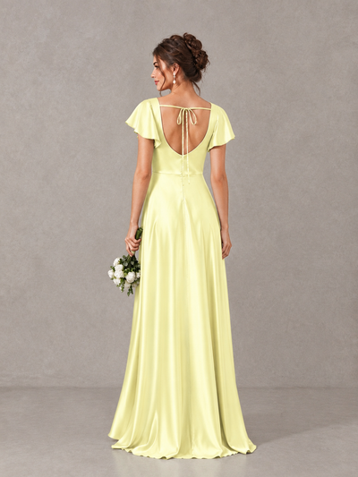 BOLODOO Light Yellow Satin Square Neck Flutter Sleeve A-Line Bridesmaid Dress with Slit - Light Yellow - Light Yellow_2
