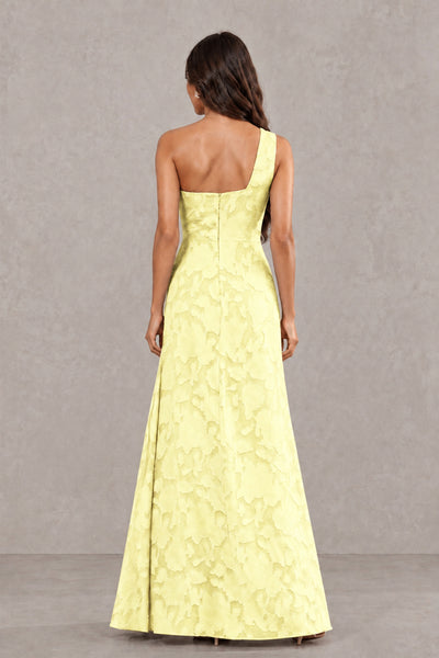 BOLODOO Light Yellow One-Shoulder Floral Textured Maxi Dress with High Slit - Light Yellow - Light Yellow_2