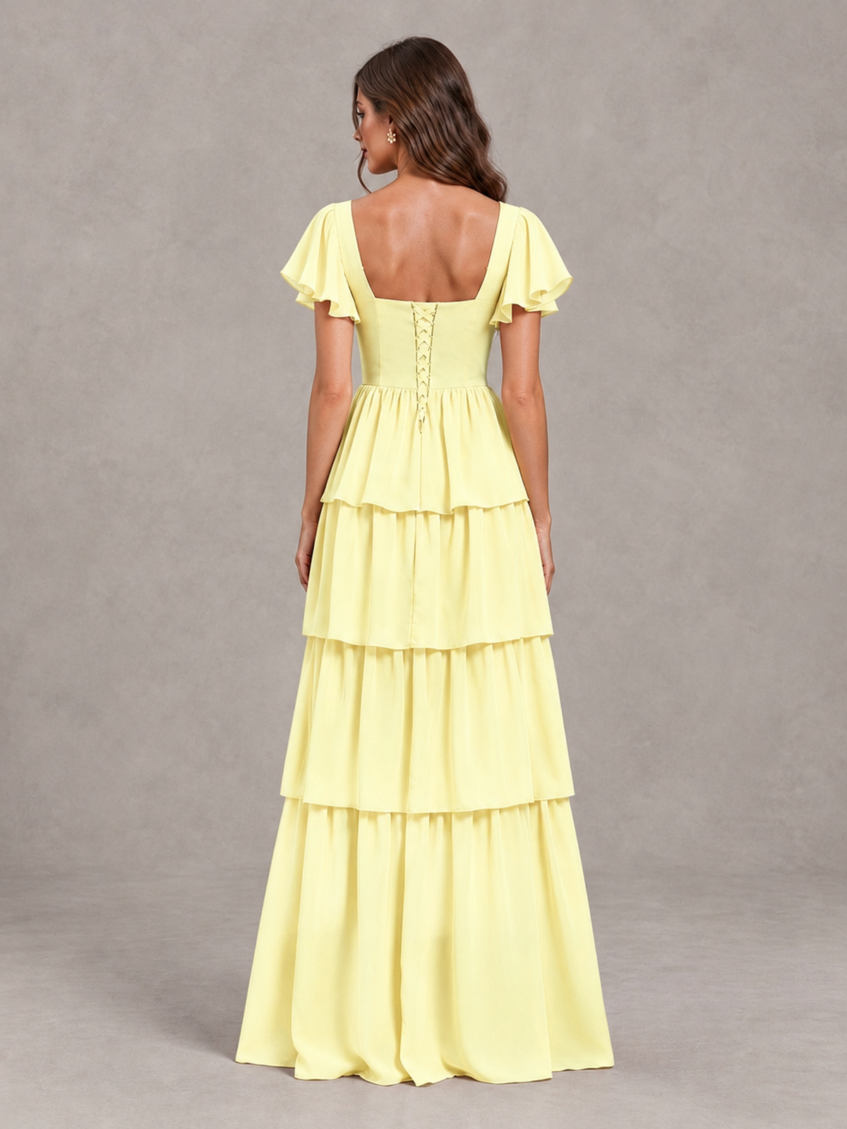 BOLODOO Light Yellow Flutter Sleeve Tiered Maxi Bridesmaid Dress - Light Yellow - Light Yellow_2
