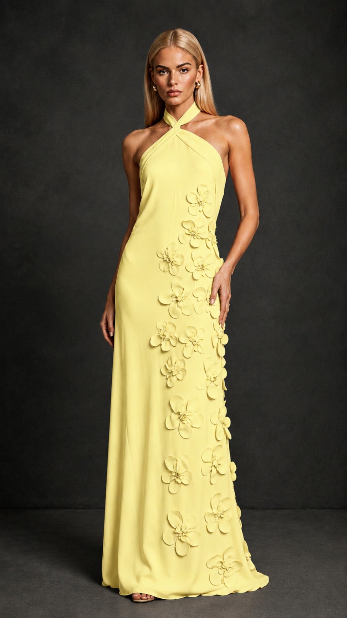BOLODOO Light Yellow Cross Halter Neck 3D Floral Appliqué Backless Mermaid Maxi Gown - Light Yellow