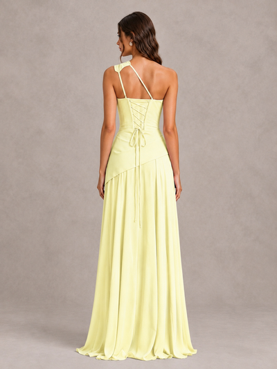 BOLODOO Light Yellow One-Shoulder Lace-Up Back Bridesmaid Dress - Light Yellow - Light Yellow_2