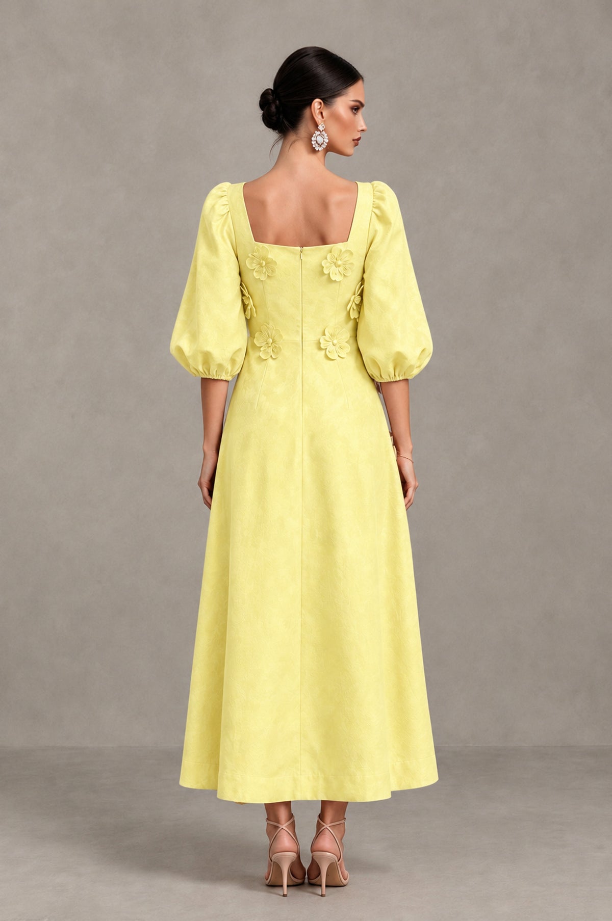 BOLODOO Light Yellow 3D Floral Puff Sleeve Midi Cocktail Dress - Light Yellow - Light Yellow_2