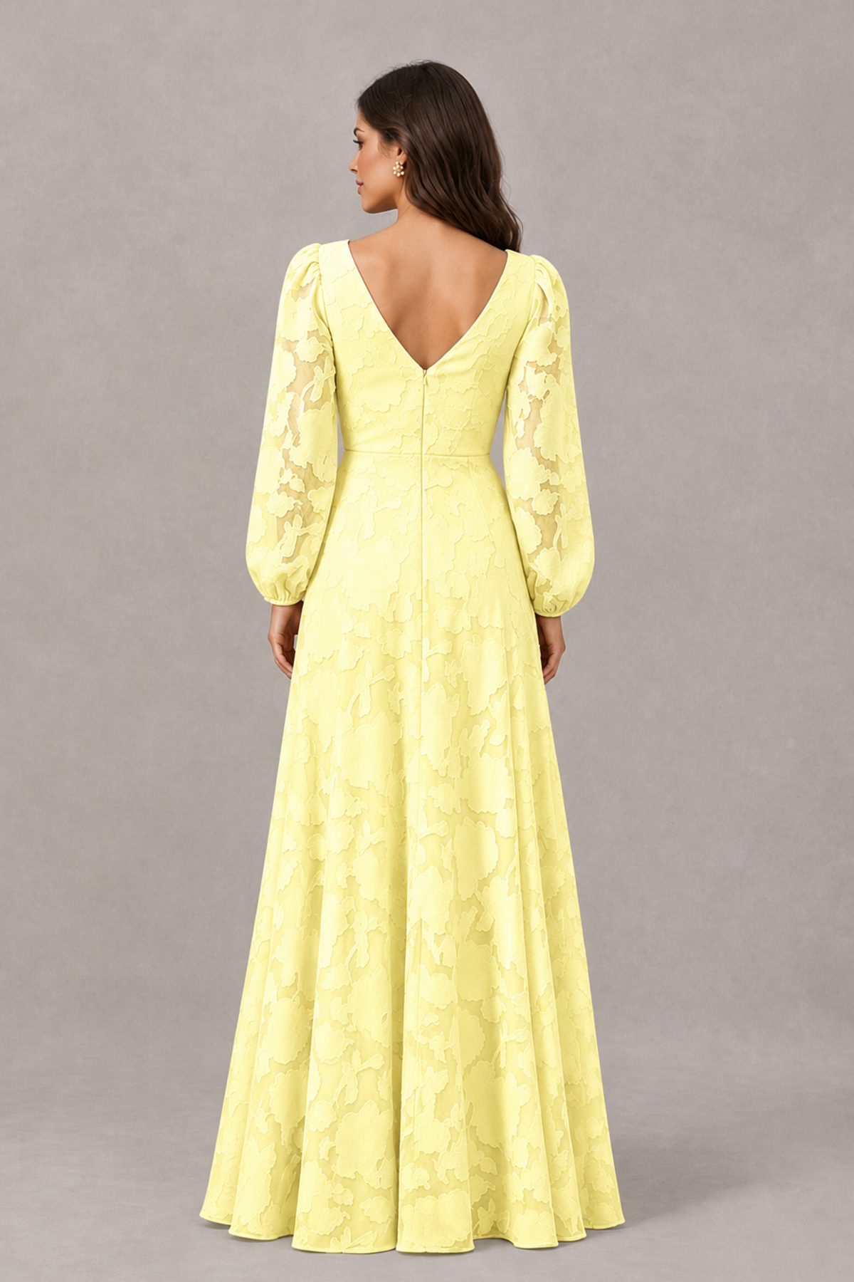 BOLODOO Light Yellow Long Sleeve V-Neck A-Line Mother of the Bride Dress - Light Yellow - Light Yellow_2