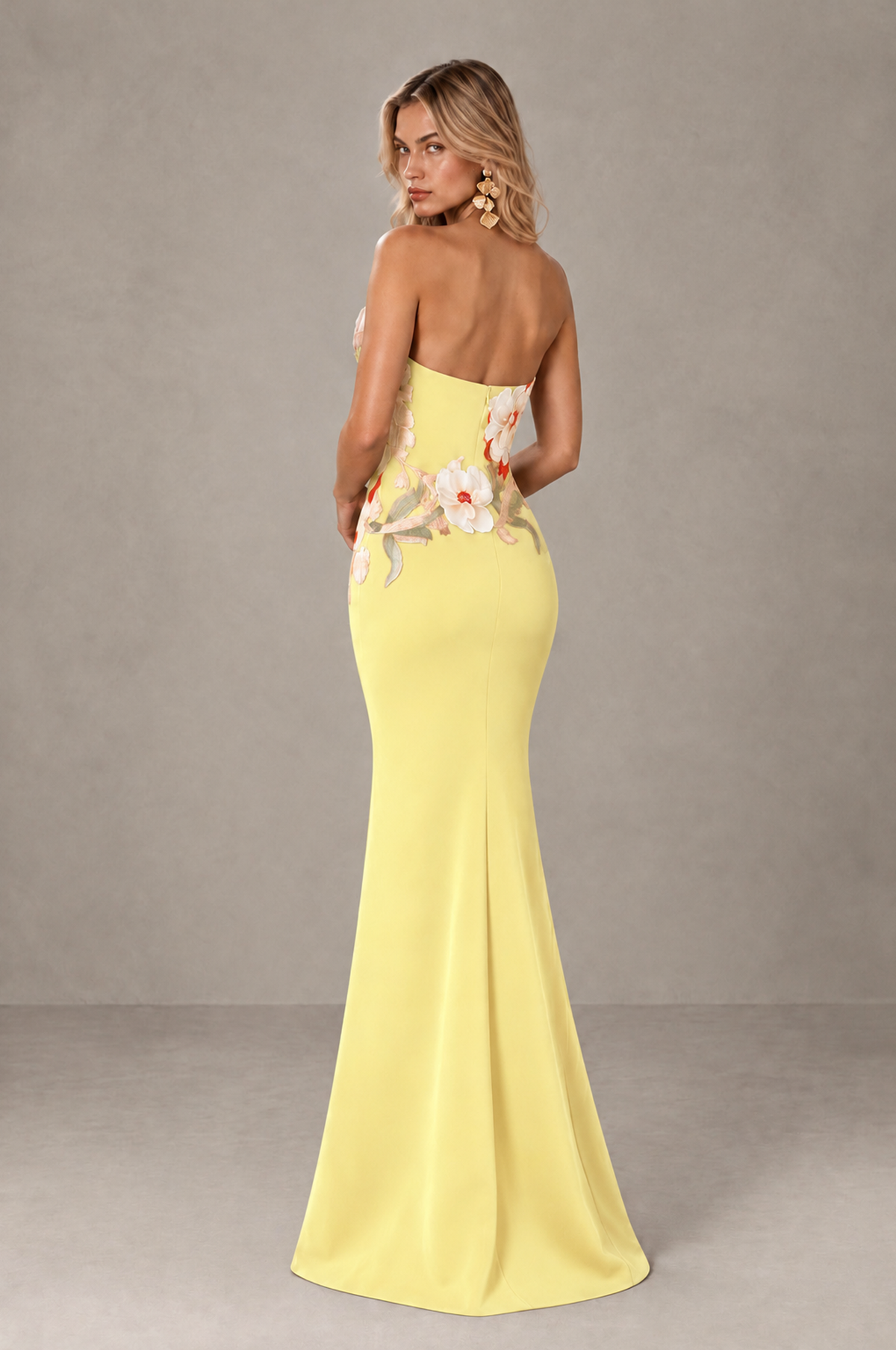 BOLODOO Light Yellow Strapless Floral Mermaid Evening Dress with Slit - Light Yellow - Light_Yellow_2