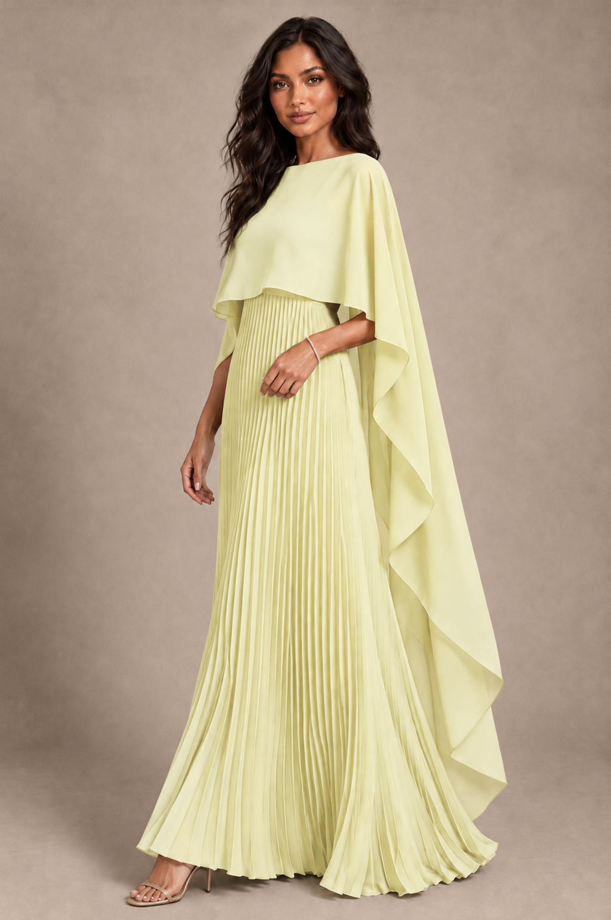 BOLODOO Light Yellow Pleated Cape A-Line Evening Dress - Light Yellow - Light_Yellow_2