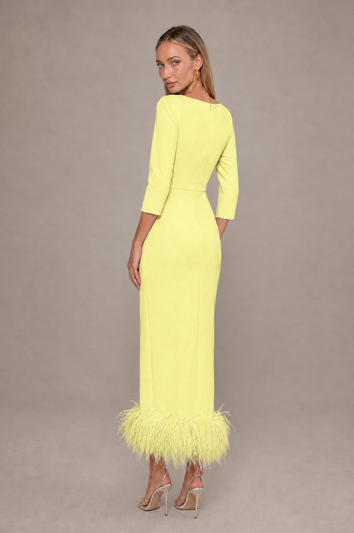 BOLODOO Light Yellow Feather-Trim Twist-Waist Midi Dress - Light Yellow - Light_Yellow_2
