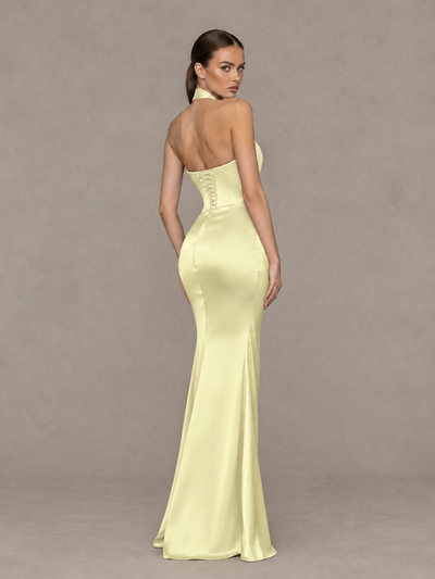 BOLODOO Light Yellow Cross-Halter Ruched Satin-Look Evening Gown with High Slit - Light Yellow - Light Yellow_2