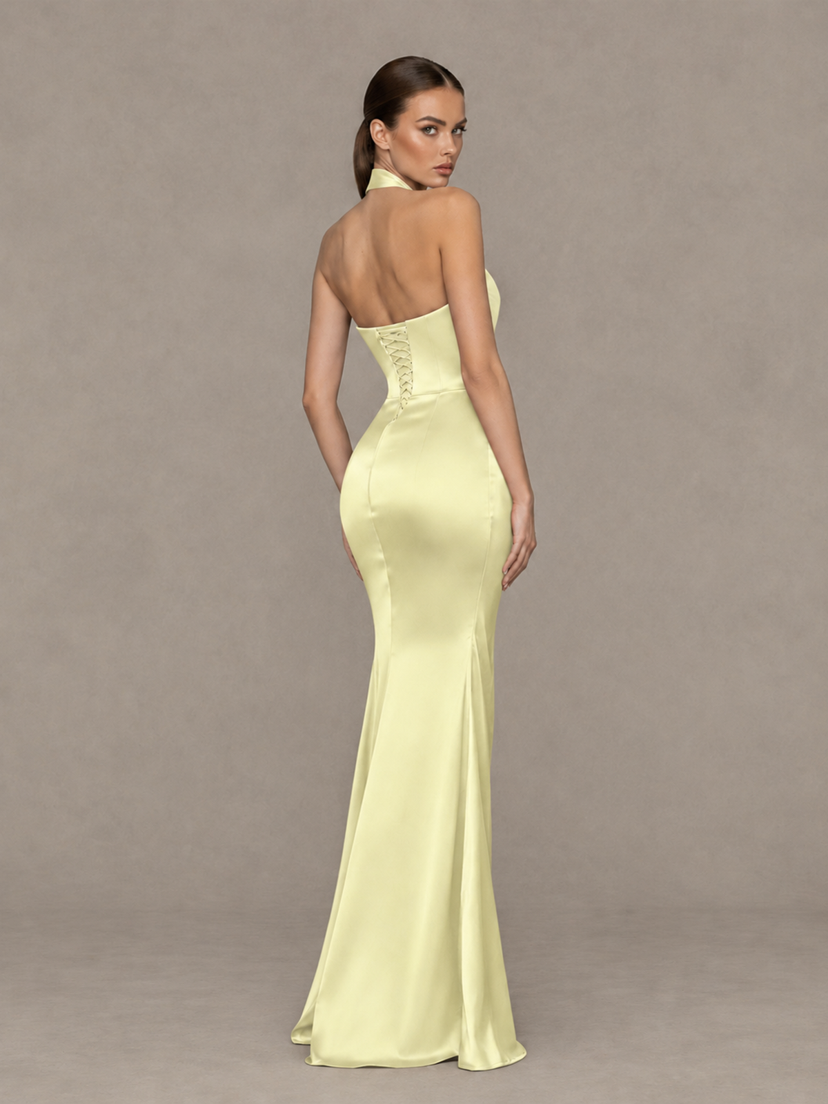 BOLODOO Light Yellow Cross-Halter Ruched Satin-Look Evening Gown with High Slit - Light Yellow - Light Yellow_2