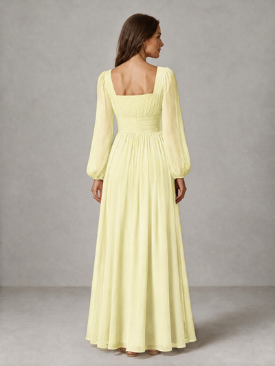 BOLODOO Light Yellow Square Neck Long Sleeve Chiffon Bridesmaid Dress - Light Yellow - Light Yellow_2