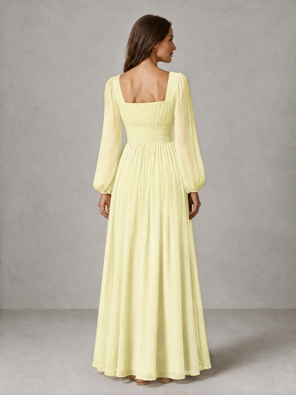 BOLODOO Light Yellow Square Neck Long Sleeve Chiffon Bridesmaid Dress - Light Yellow - Light Yellow_2
