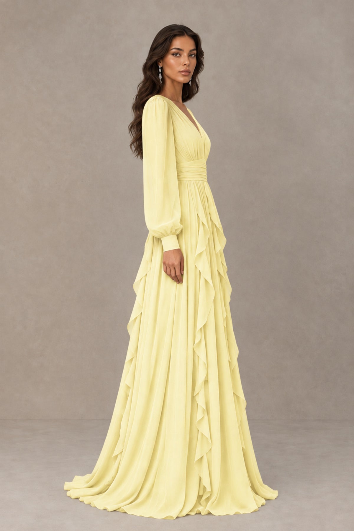 BOLODOO Light Yellow Long Sleeve V-Neck Ruffle Maxi Dress - Light Yellow