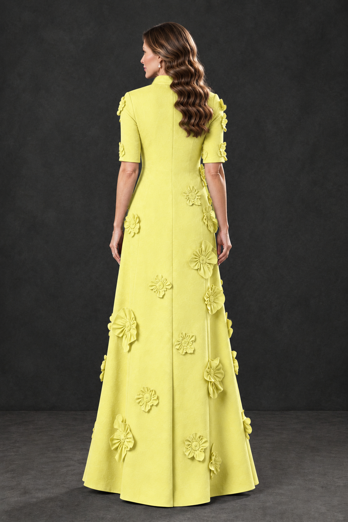 BOLODOO Light Yellow Floral Applique High-Neck Half-Sleeve Gown - Light Yellow - Light Yellow_2