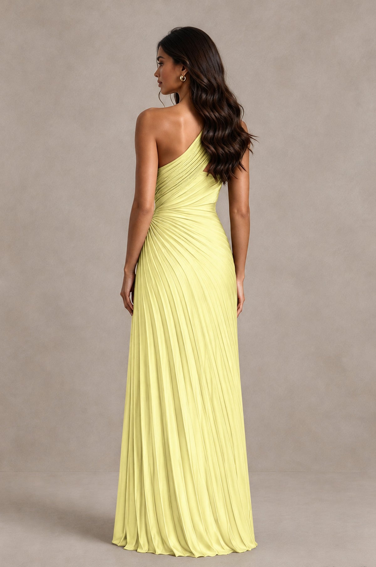 BOLODOO Light Yellow One Shoulder Pleated Evening Dress with Ruched Waist and High Slit - Light Yellow - Light Yellow_2