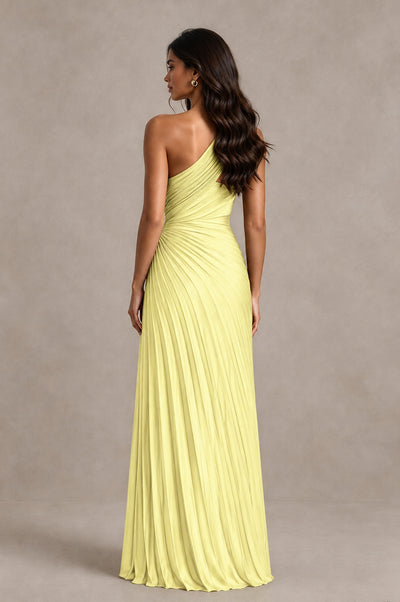 BOLODOO Light Yellow One Shoulder Pleated Evening Dress with Ruched Waist and High Slit - Light Yellow - Light Yellow_2