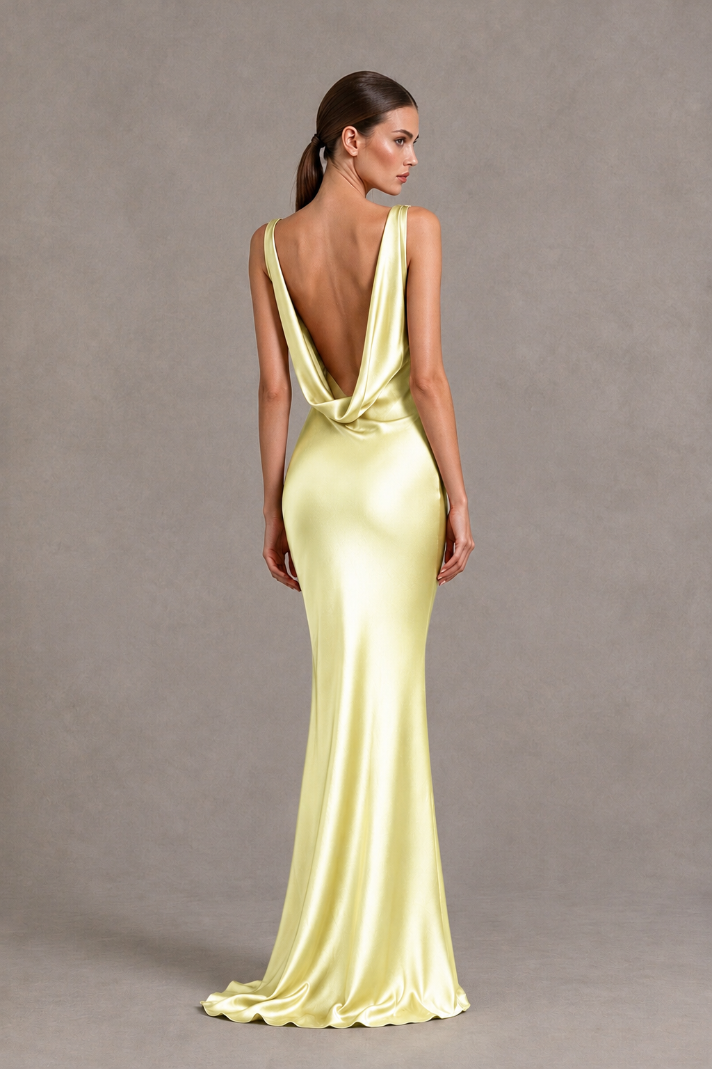 BOLODOO Light Yellow Cowl Neck Backless Satin Mermaid Evening Dress - Light Yellow - Light Yellow_2