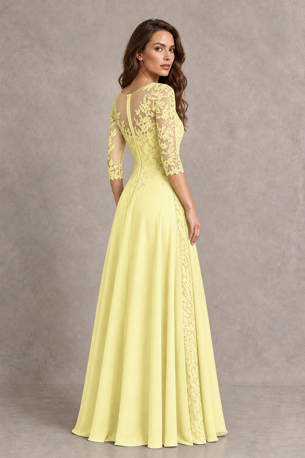 BOLODOO Midnight Light Yellow Beaded Lace Appliqué Chiffon A-Line Gown | Mother of the Bride & Formal Evening Dress - Light Yellow - Light Yellow_2