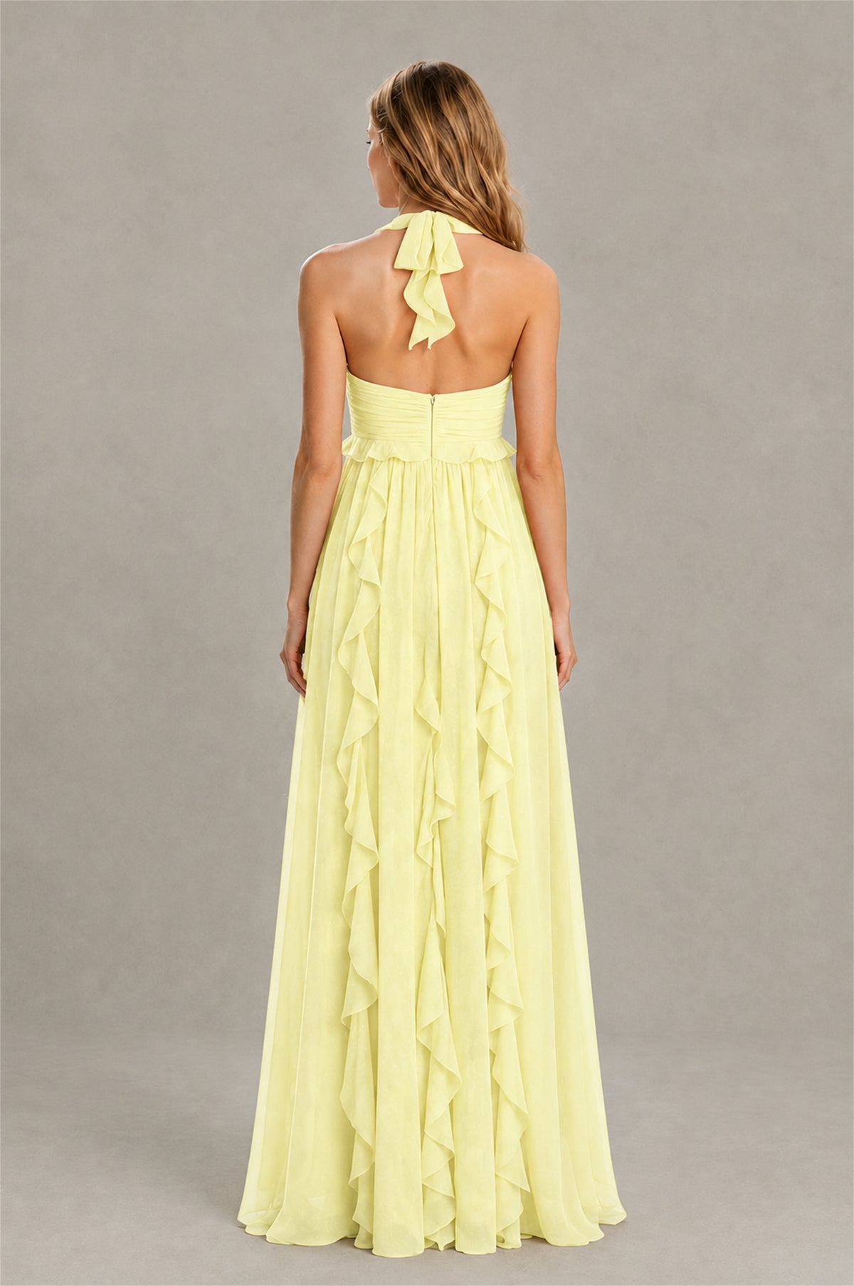 BOLODOO Light Yellow Halter Ruffle A-Line Floor-Length Evening Dress - Light Yellow - Light_Yellow_2