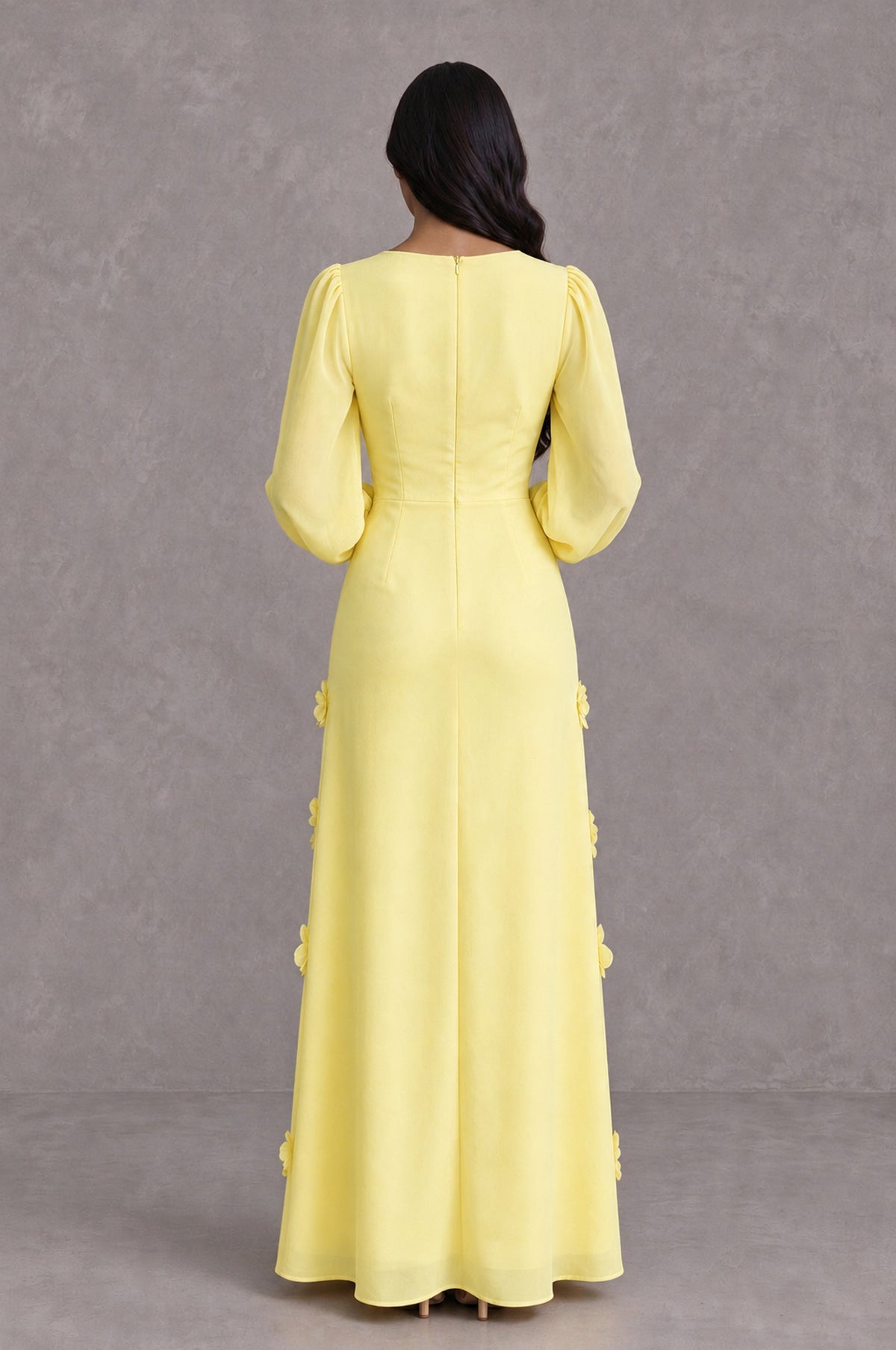 BOLODOO Light Yellow Long Sleeve Floral Applique A-Line Evening Dress - Light Yellow - Light Yellow_2