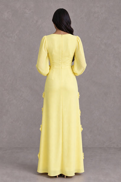 BOLODOO Light Yellow Long Sleeve Floral Applique A-Line Evening Dress - Light Yellow - Light Yellow_2
