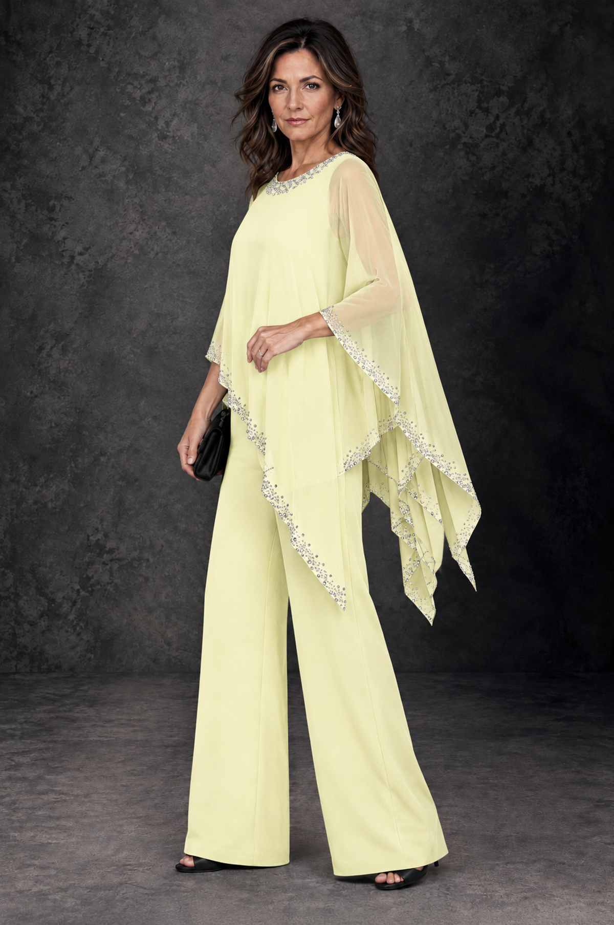BOLODOO Light Yellow Embellished Cape Mother of the Bride Pantsuit - Light Yellow - Light_Yellow_2