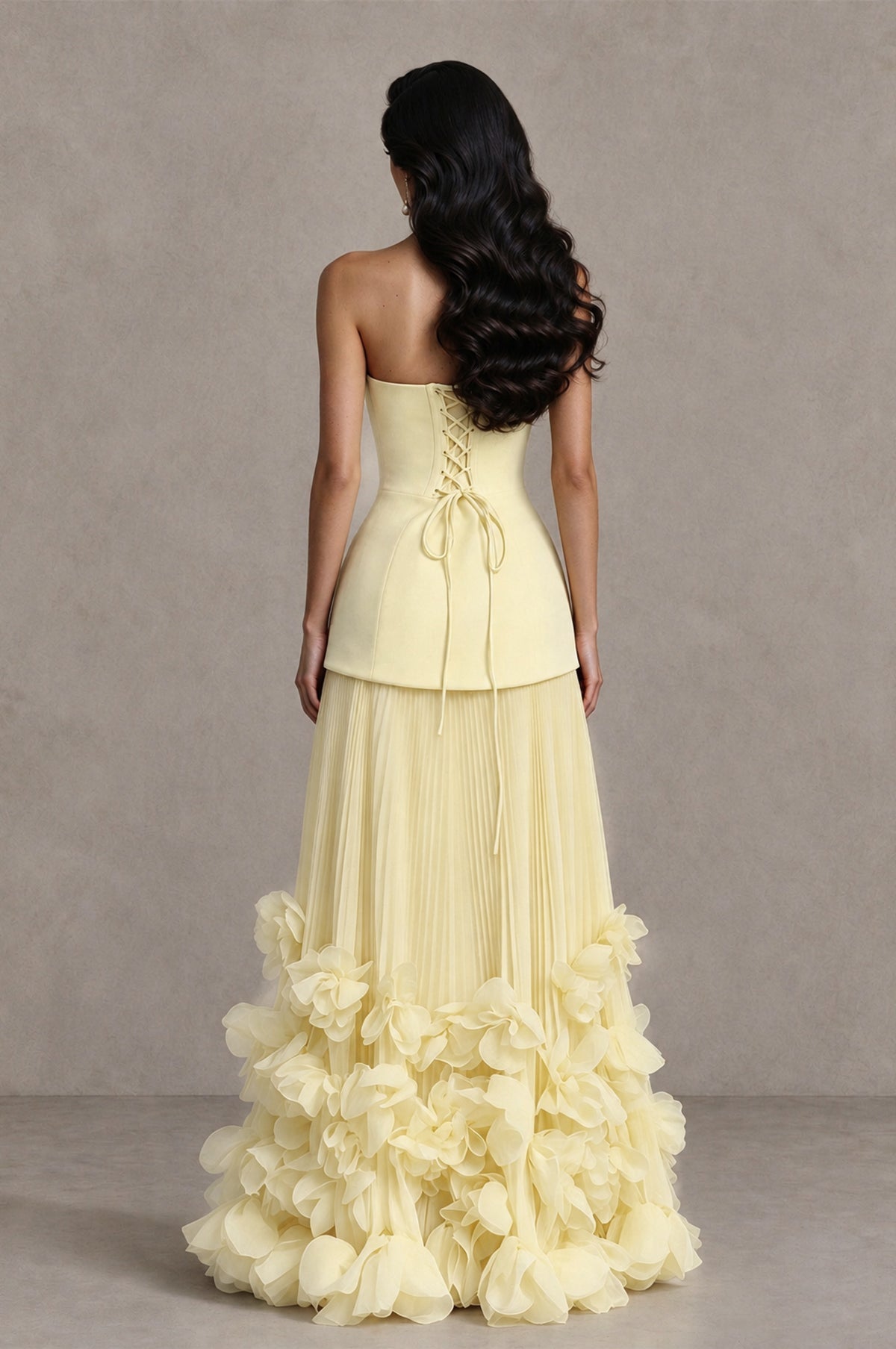 BOLODOO Light Yellow Strapless Pleated Floral Hem Evening Gown - Light Yellow - Light Yellow_2