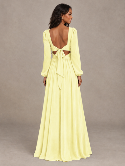 BOLODOO Light Yellow V-Neck Long Sleeve Bridesmaid Dress with Tie Back and Slit - Light Yellow - Light Yellow_2