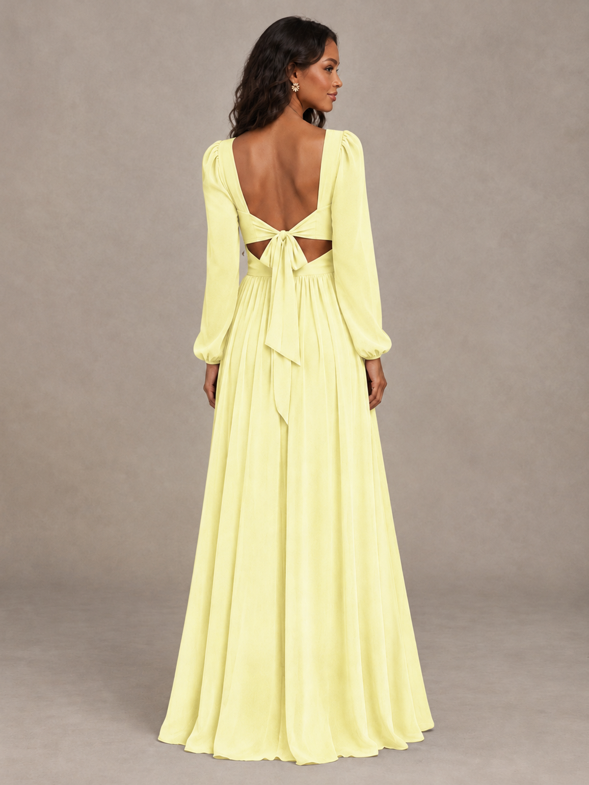 BOLODOO Light Yellow V-Neck Long Sleeve Bridesmaid Dress with Tie Back and Slit - Light Yellow - Light Yellow_2