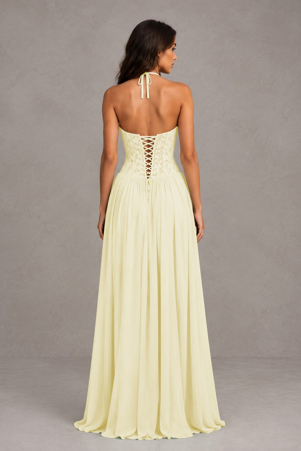 BOLODOO Light Yellow Lace Corset Halter Maxi Gown – Backless A-Line Formal Dress - Light Yellow - Light Yellow(2)