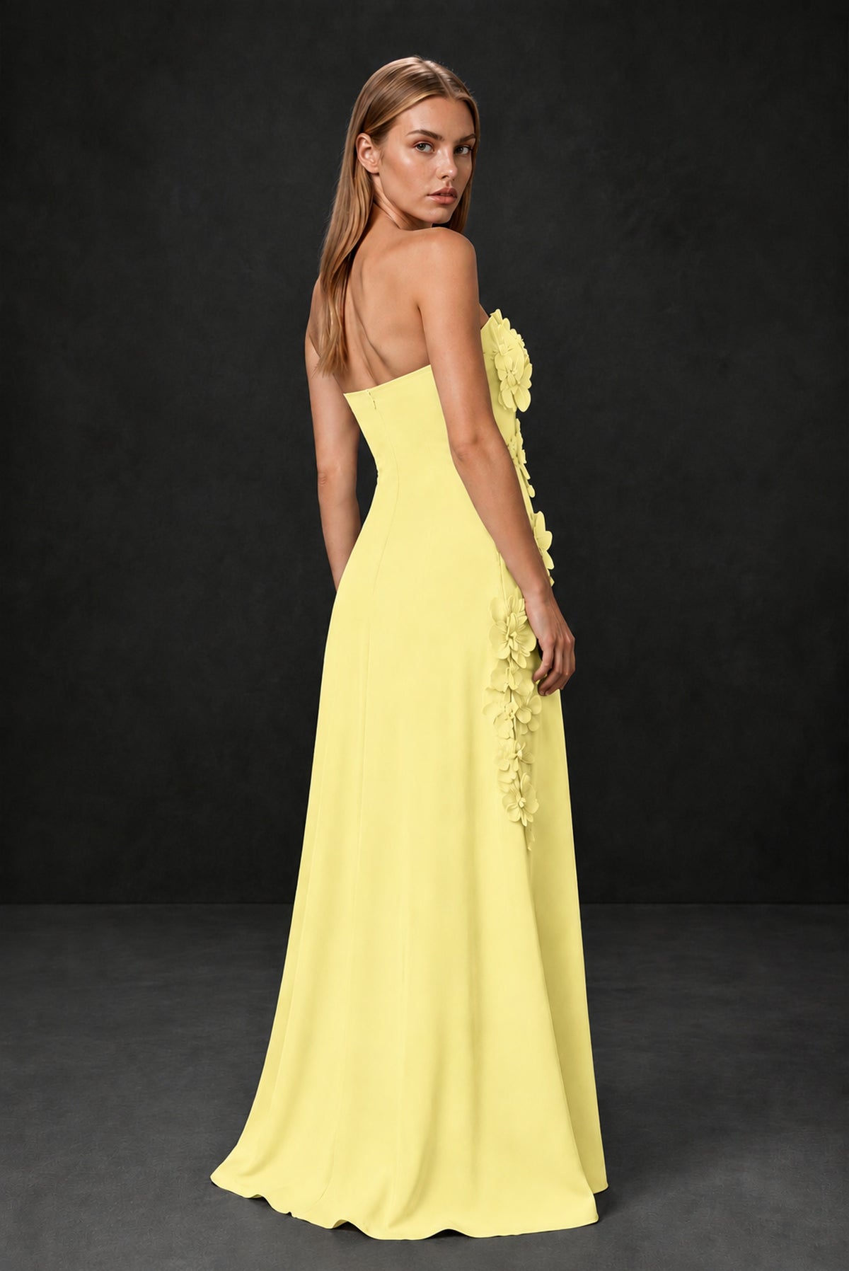 BOLODOO Light Yellow Strapless 3D Floral Appliqué Crepe Maxi Gown - Light Yellow