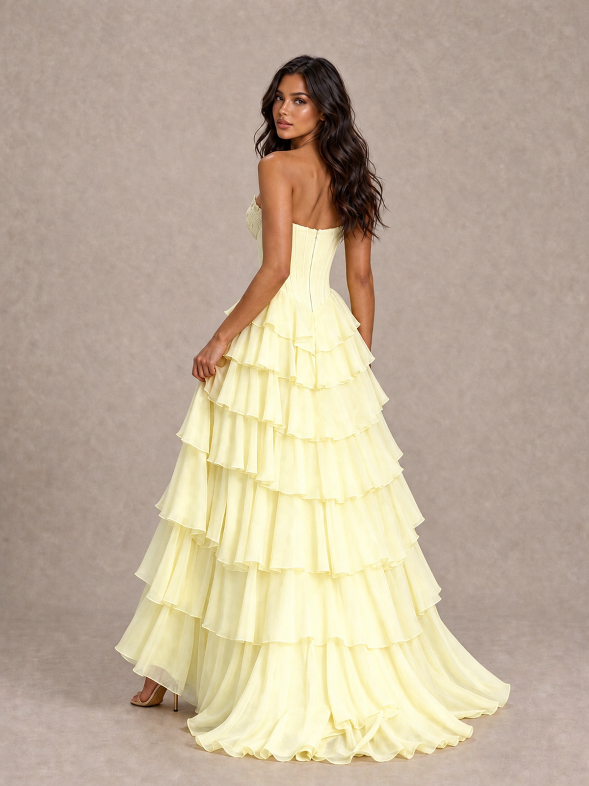 BOLODOO Light Yellow Strapless Corset Tiered Ruffle Prom Dress with High Slit - Light Yellow - Light Yellow_2