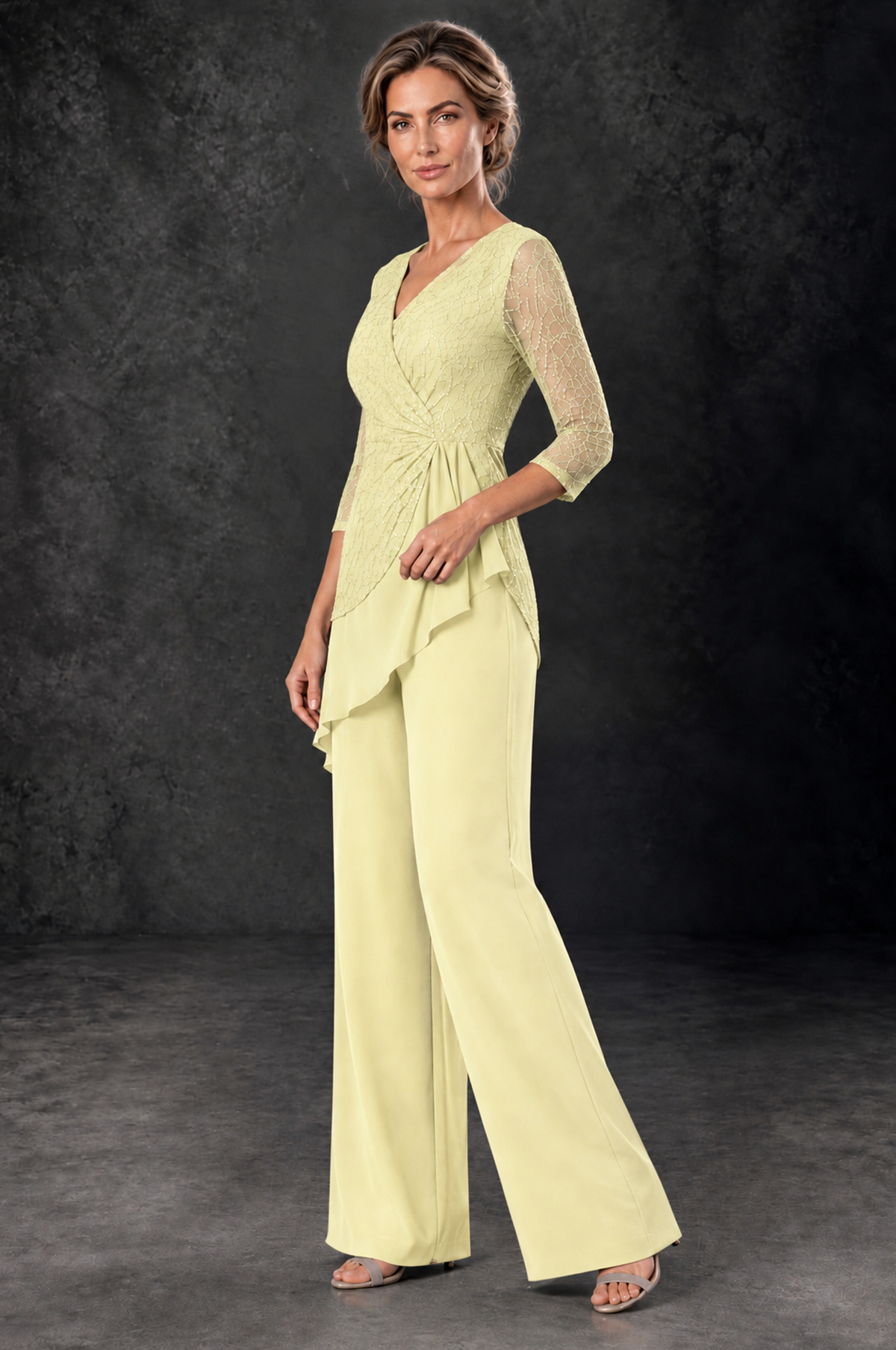BOLODOO Light Yellow Sequin Lace 3/4 Sleeve Chiffon Mother of the Bride Pant Suit - Light Yellow - Light_Yellow_2