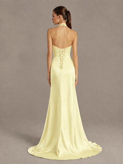 BOLODOO Light Yellow Halter Satin Evening & Prom Dress with High Slit - Light Yellow - Light Yellow_2