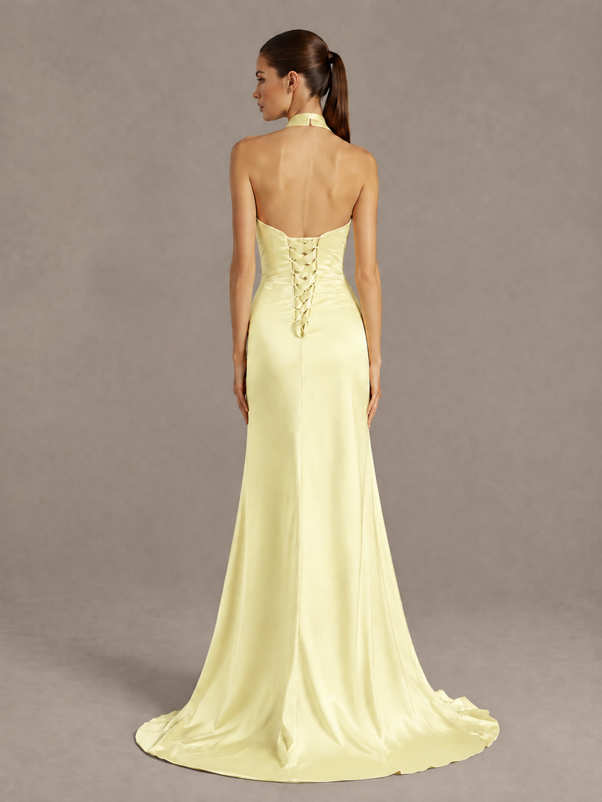 BOLODOO Light Yellow Halter Satin Evening & Prom Dress with High Slit - Light Yellow - Light Yellow_2