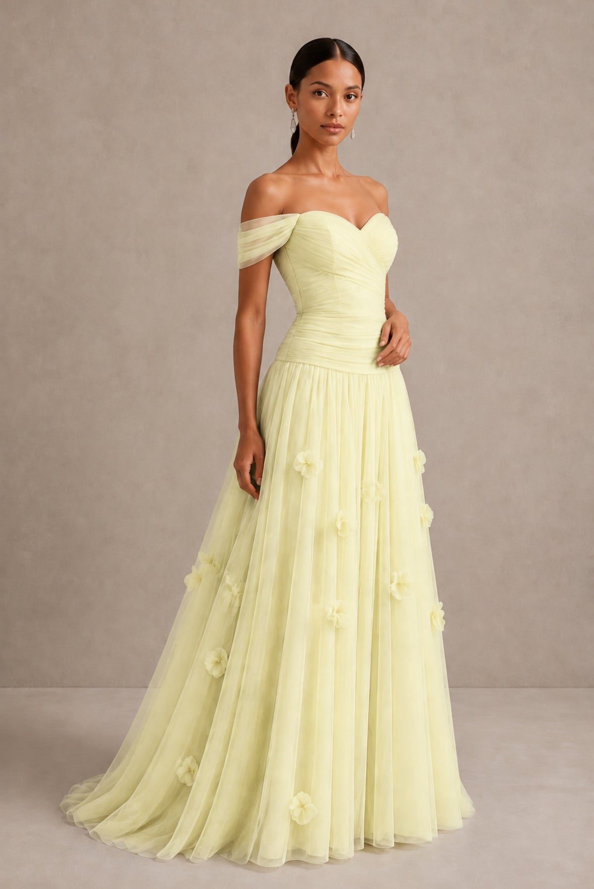 Light Yellow Off-Shoulder Sweetheart A-Line Tulle Gown with 3D Floral Appliques | BOLODOO - Light Yellow