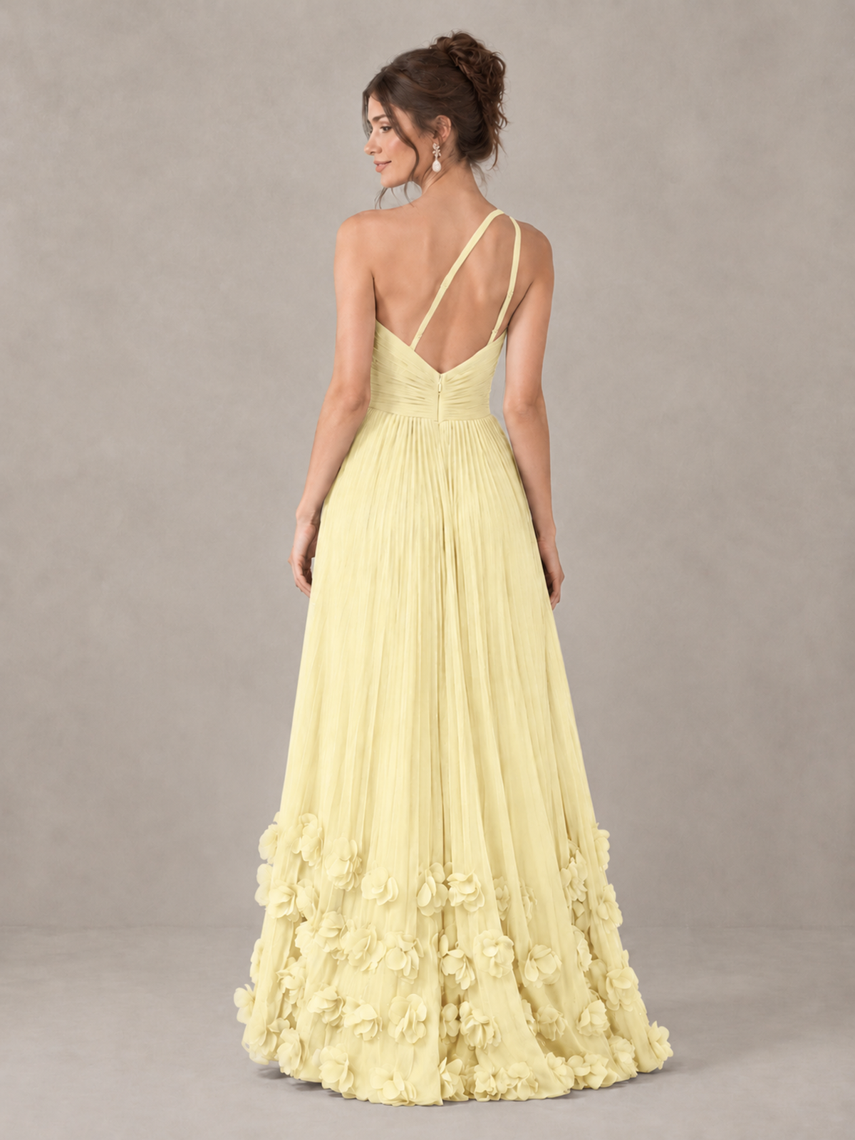 BOLODOO Light Yellow One-Shoulder Pleated Bridesmaid Dress with 3D Floral Hem - Light Yellow - Light Yellow_2