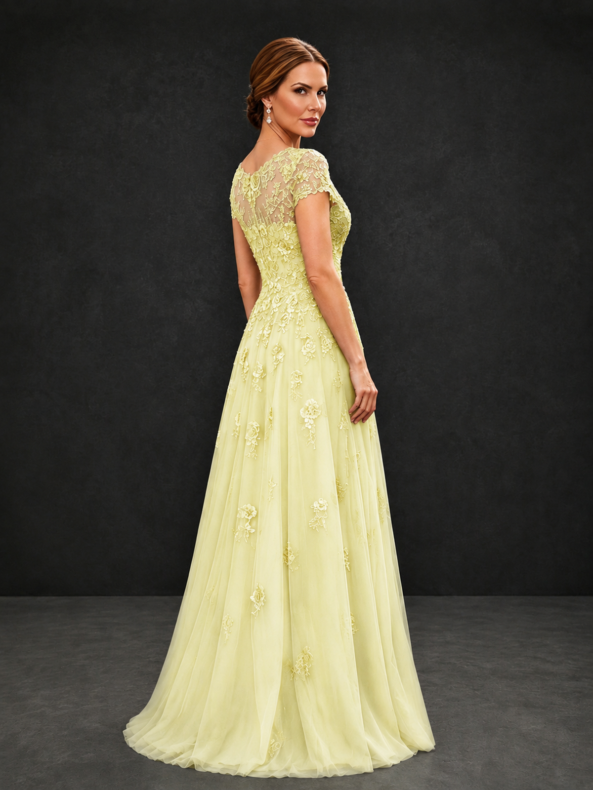BOLODOO Light Yellow Cap Sleeve Lace Appliqué A-Line Formal Gown | Mother of the Bride Dress - Light Yellow - Light Yellow_2