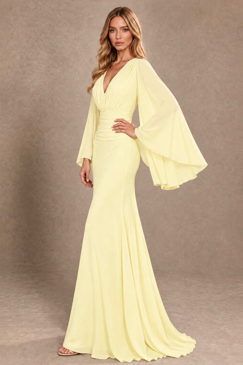 BOLODOO Light Yellow Cape Sleeve V-Neck Ruched Chiffon Evening Dress - Light Yellow - Light_Yellow_2