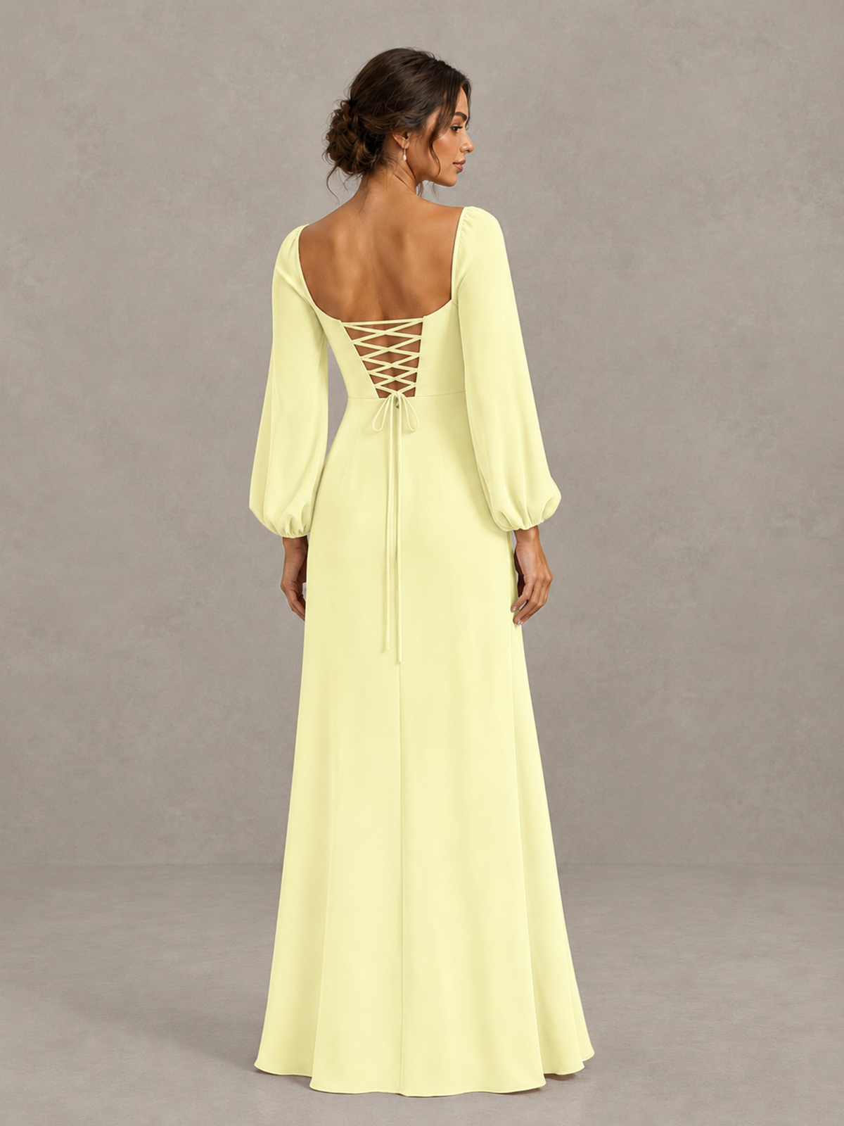 BOLODOO Light Yellow Square Neck Long Sleeve Bridesmaid Dress with High Slit - Light Yellow - Light Yellow_2