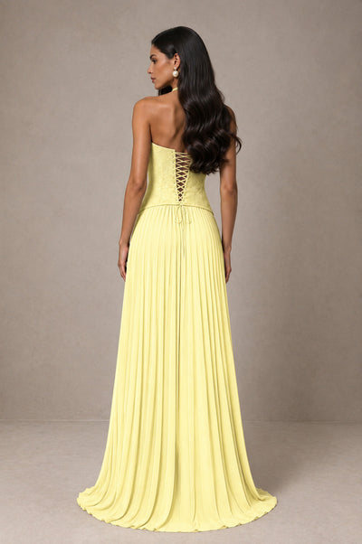 BOLODOO Light Yellow Halter Corset Pleated A-Line Evening Dress - Light Yellow - Light Yellow_2