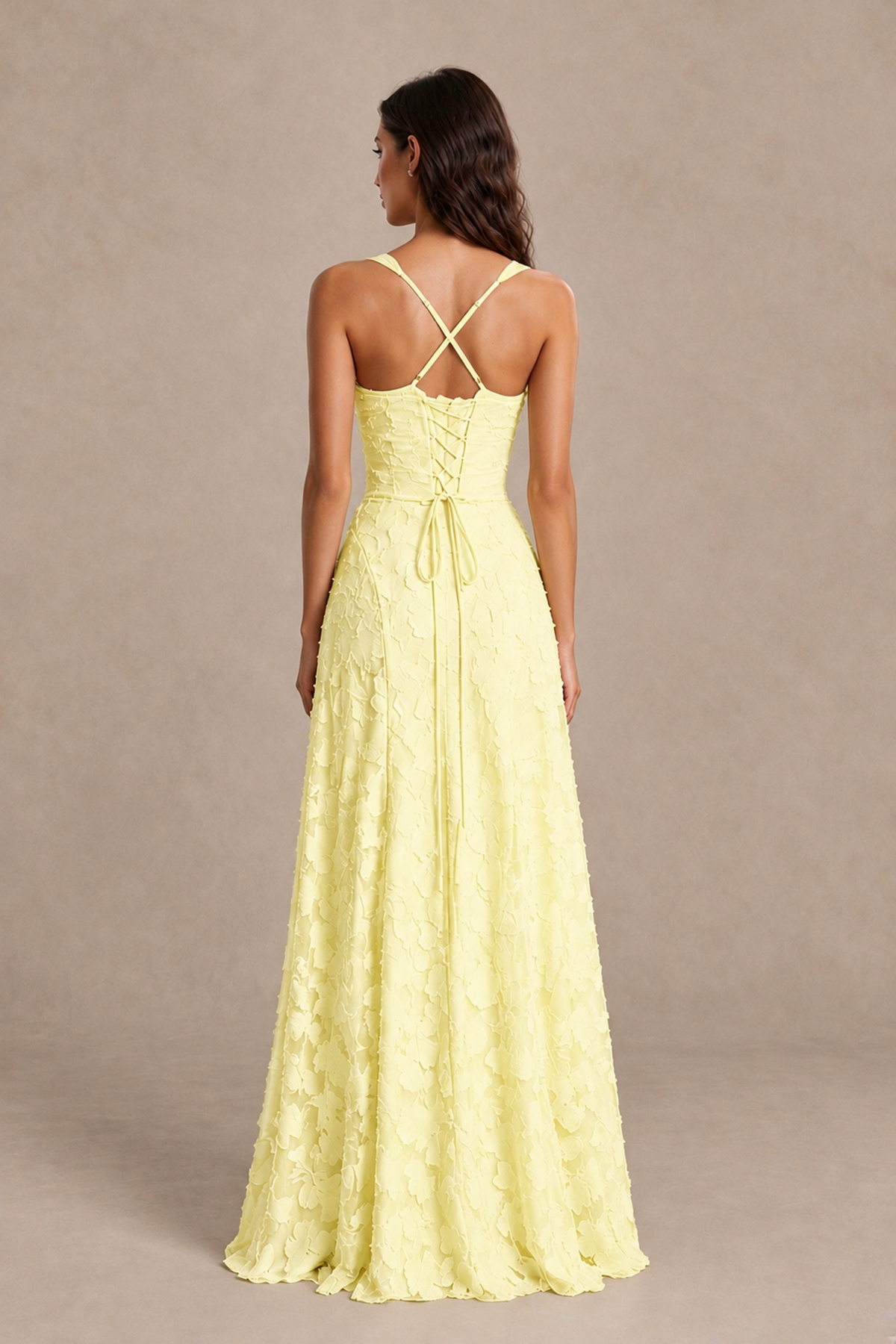 BOLODOO Light Yellow Floral-Textured A-Line Dress with Lace-Up Back - Light Yellow - Light Yellow_2