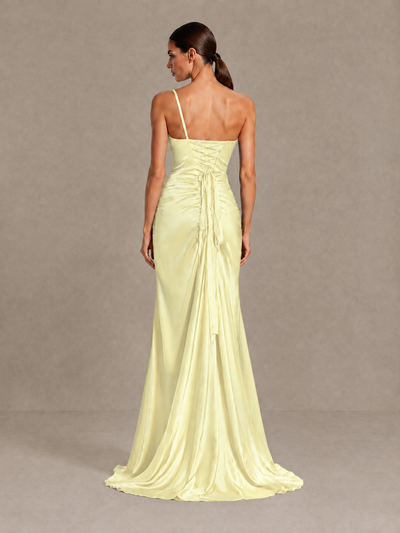 BOLODOO Light Yellow One Shoulder Satin Evening Gown with High Slit and Sweep Train - Light Yellow - Light Yellow_2