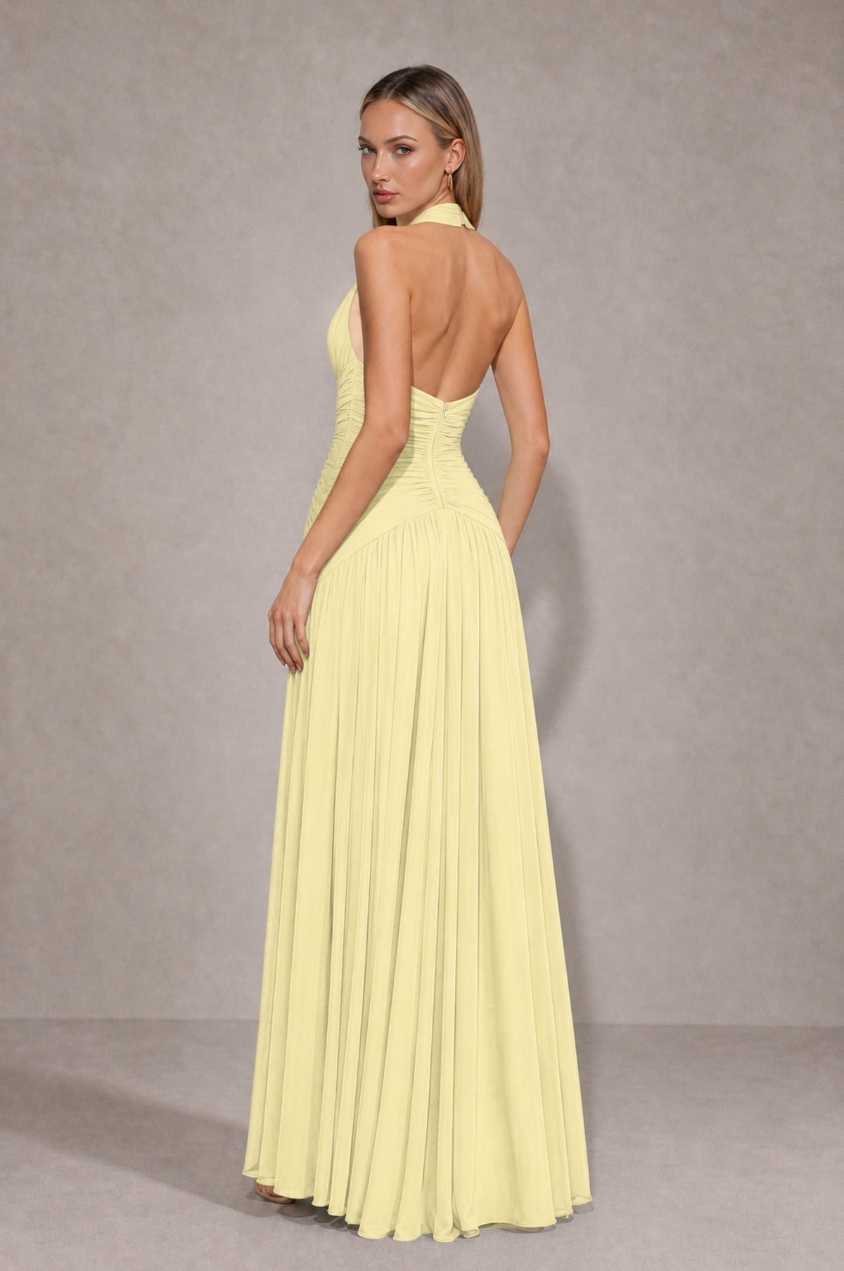 BOLODOO Light Yellow Chiffon Halter Deep V-Neck Ruched A-Line Backless Maxi Dress with Train-BD0167 - Light Yellow - Light Yellow_2