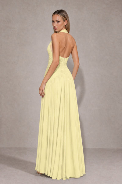 BOLODOO Light Yellow Chiffon Halter Deep V-Neck Ruched A-Line Backless Maxi Dress with Train-BD0167 - Light Yellow - Light Yellow_2