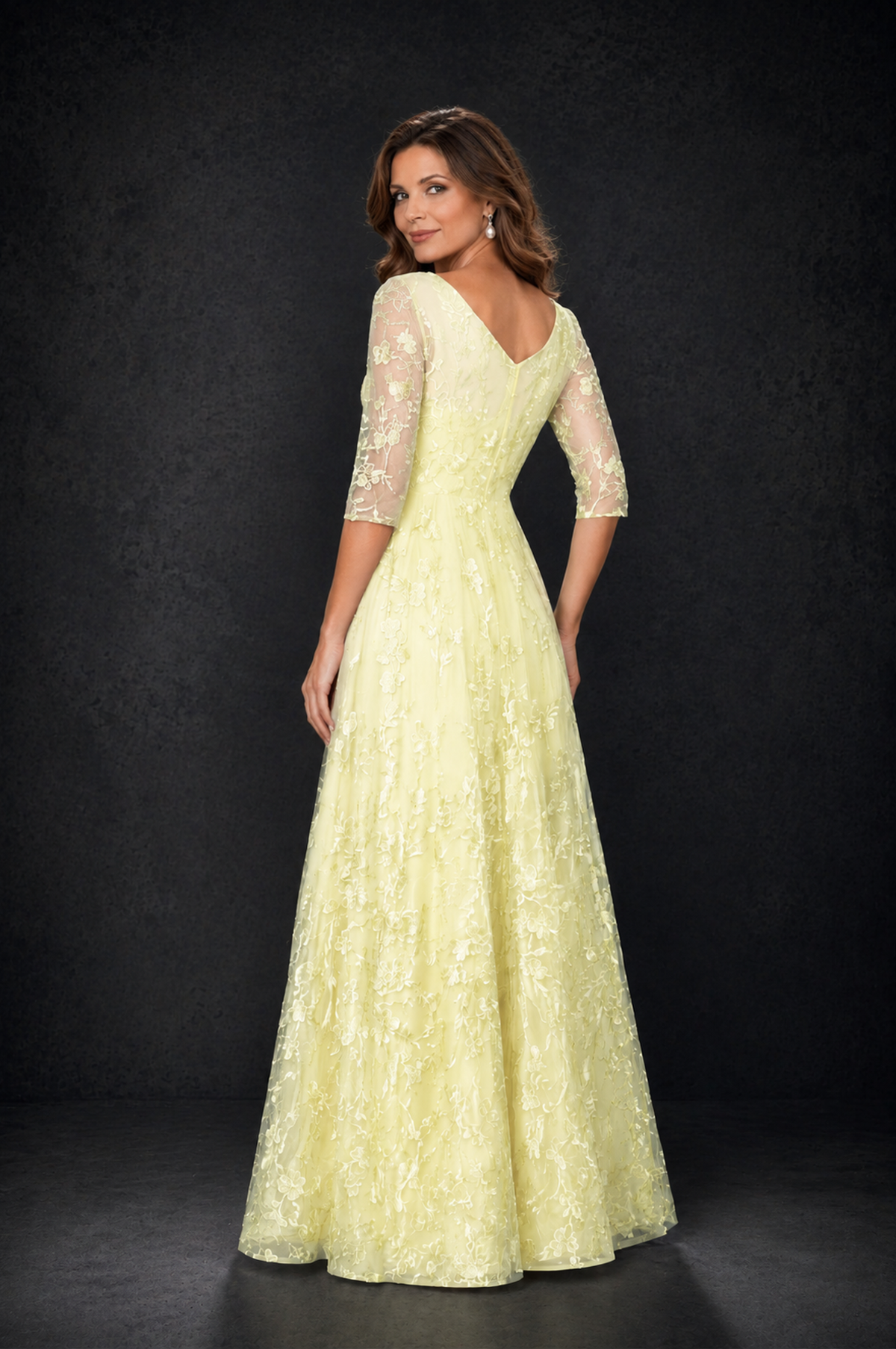 BOLODOO Light Yellow Illusion Bateau Neck 3/4 Sleeve Floral Lace A-Line Mother of the Bride Dress MX007 - Light Yellow - Light_Yellow_2