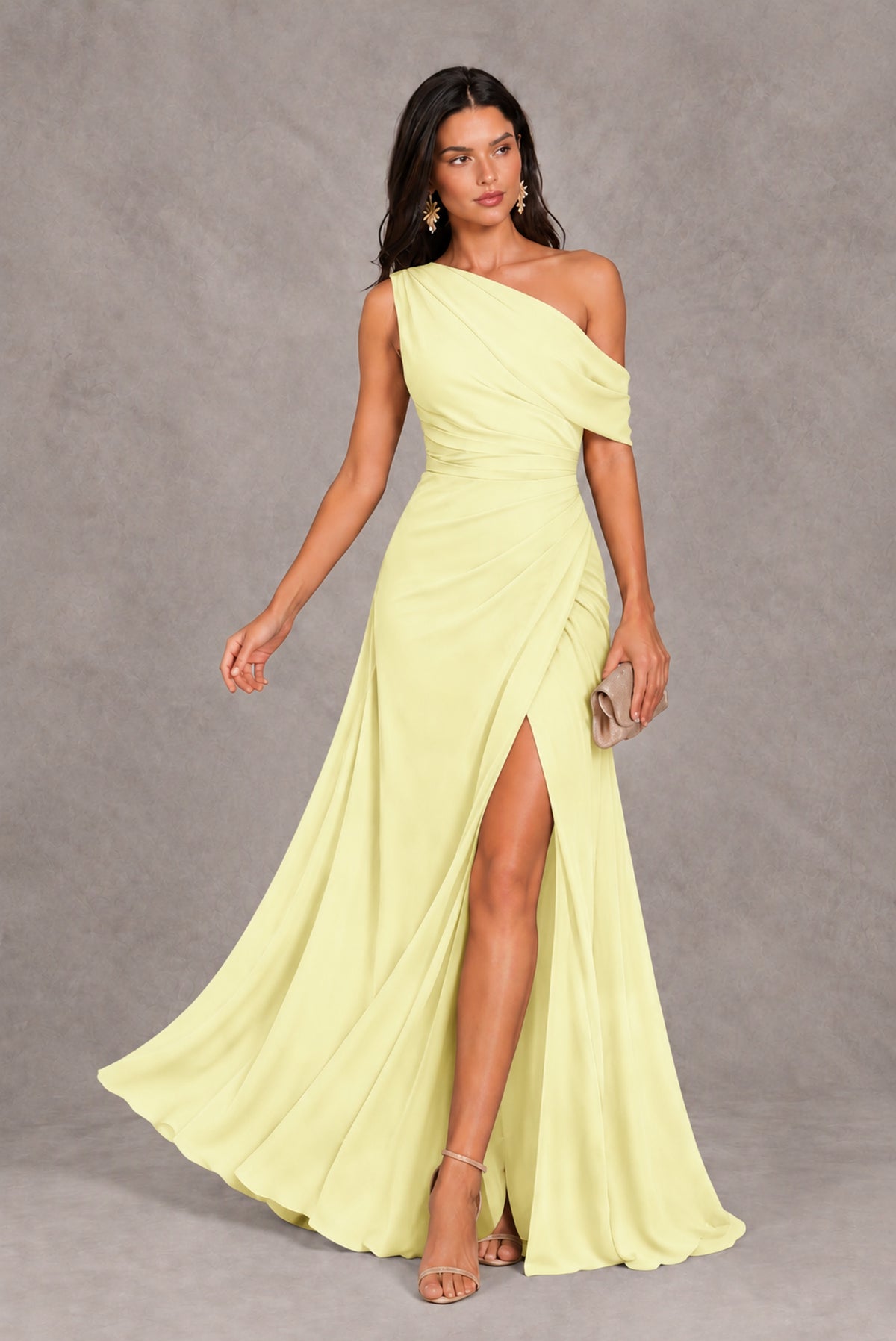 Light Yellow One-Shoulder Floor-Length Evening Gown with High Slit - Light Yellow