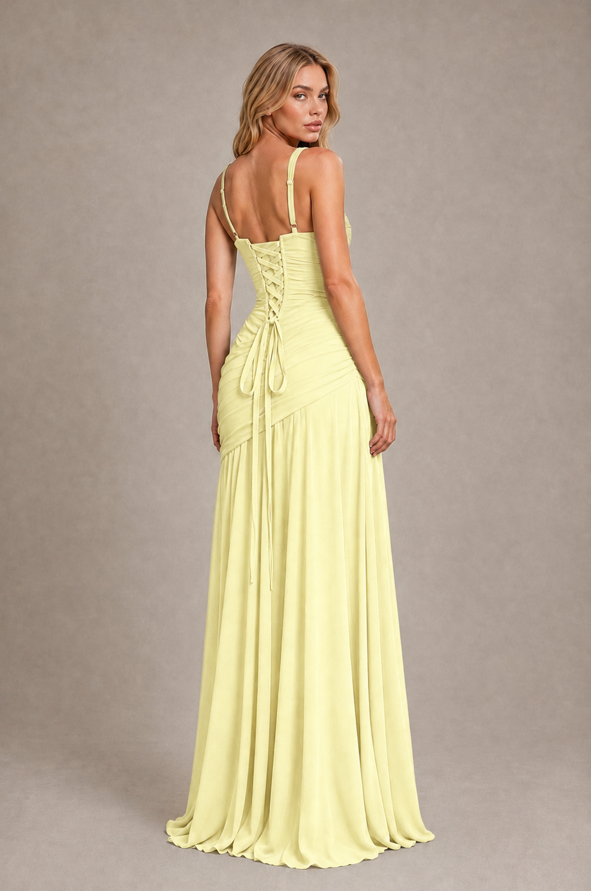 BOLODOO Light Yellow Spaghetti Strap Ruched Maxi Dress – Formal Evening Gown with Slit - Light Yellow - Light_Yellow_2