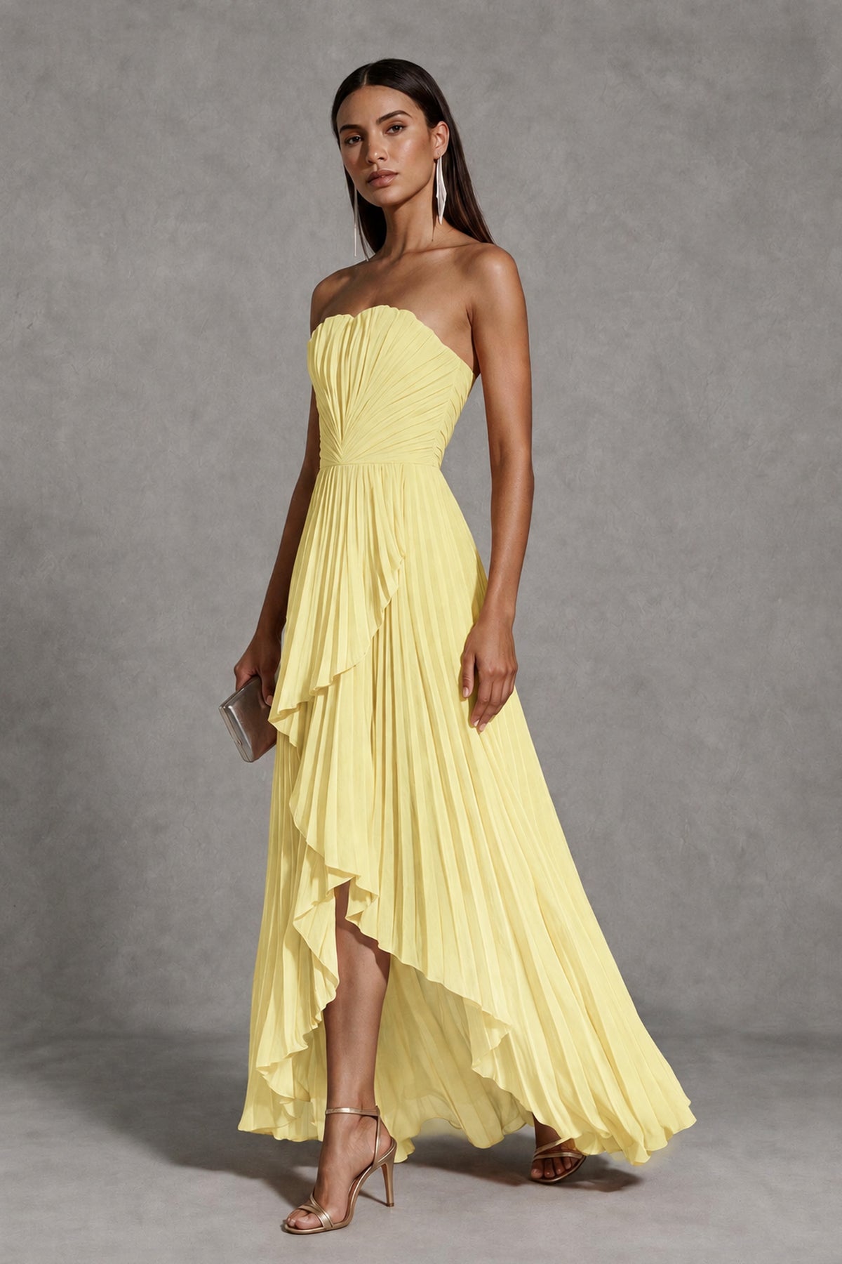 Light Yellow Strapless Pleated High-Low Evening Gown with Ruffle Hem - Light Yellow