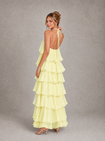 BOLODOO Light Yellow Halter Tiered Ruffle Maxi Bridesmaid Dress - Light Yellow - Light Yellow_2