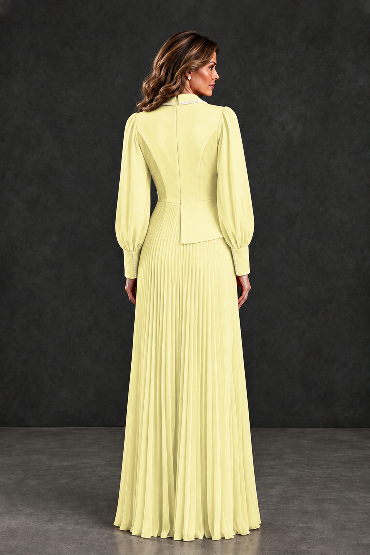 BOLODOO Light Yellow Long Sleeve Pleated Mother of the Bride Dress - Light Yellow - Light Yellow_2